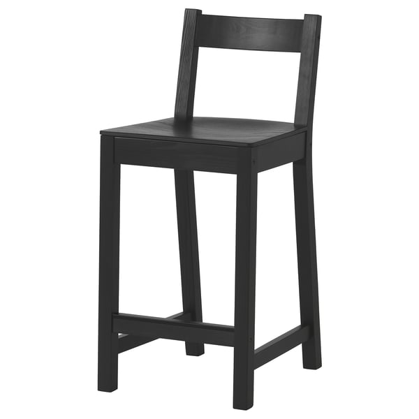 This image a sleek, black counter-height stool named NORDVIKEN, designed with a curved backrest and a deepened seat for comfort and style.