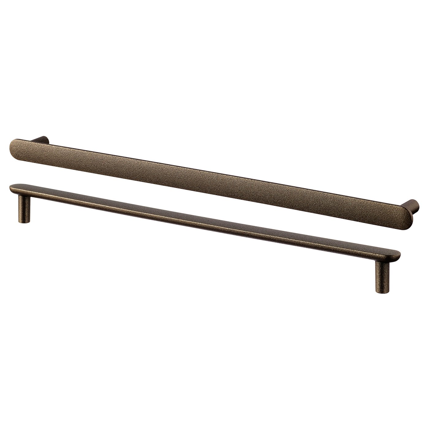 Two NYDALA drawer handles: one long, one short. Both are bronze-colored aluminium with a textured finish. The design is simple and linear.