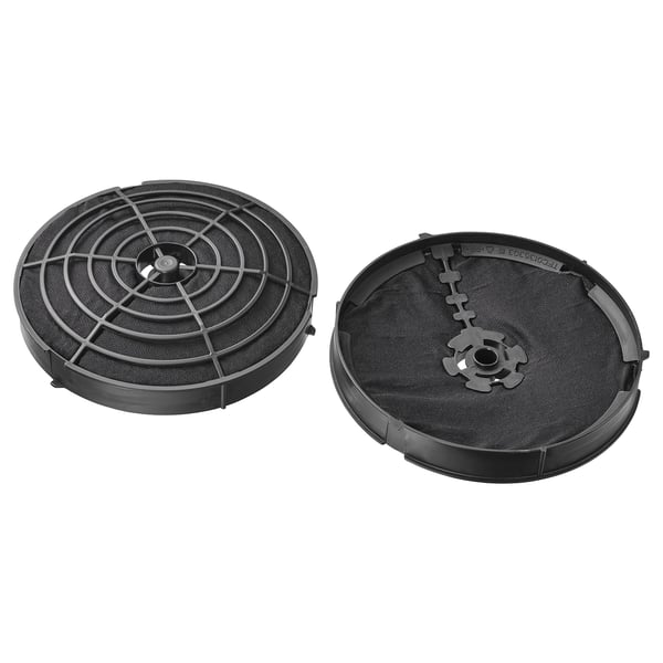 A pair of black round charcoal filters. One has a grid, the other a mesh with a clip.