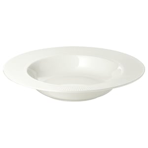 A white OFANTLIGT dinner plate, made of feldspar porcelain, with a sleek, slightly ribbed design.