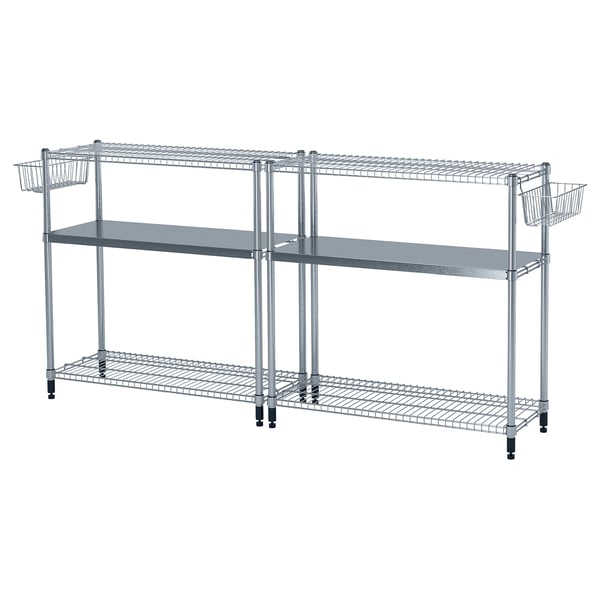 A silver chrome OMAR steel shelving unit with three tiers and two wire baskets.