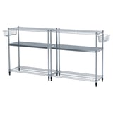 A silver chrome OMAR steel shelving unit with three tiers and two wire baskets.
