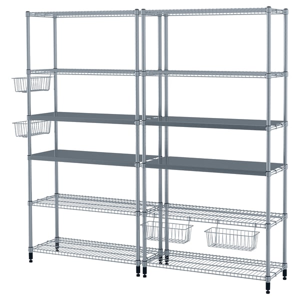 Depicts a silver wire shelving unit, featuring multiple adjustable shelves and hanging baskets for storage.
