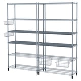 Depicts a silver wire shelving unit, featuring multiple adjustable shelves and hanging baskets for storage.