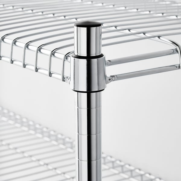 Close-up of a sturdy, adjustable metal shelf support with chrome finish. Shows precision engineering and durability.
