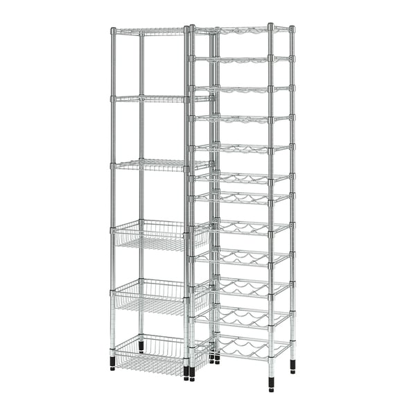 A silver OMAR wire shelving unit. It multiple adjustable shelves with a sturdy metal frame. The design is practical and suitable for various spaces.