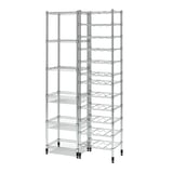 A silver OMAR wire shelving unit. It multiple adjustable shelves with a sturdy metal frame. The design is practical and suitable for various spaces.