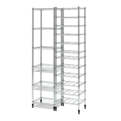 A silver OMAR wire shelving unit. It multiple adjustable shelves with a sturdy metal frame. The design is practical and suitable for various spaces.
