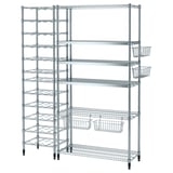 OMAR silver wire shelving unit with multiple adjustable shelves and hanging baskets for kitchen organization.