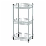 Three-tier silver wire storage rack with adjustable feet.
