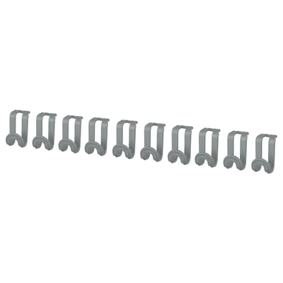 Ten grey plastic hooks, evenly spaced, designed for hanging additional items on existing hangers.