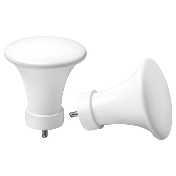 Pair of white trumpet-shaped curtain rod finials, metal with stainless steel screws.