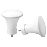 Pair of white trumpet-shaped curtain rod finials, metal with stainless steel screws.