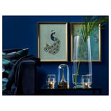 Blue living room with peacock art, plant, black couch, golden decor.