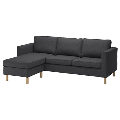 PÄRUP dark grey sectional sofa, modern design, three cushions, plush fabric, wooden legs