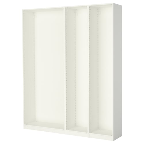 White, 3-section PAX wardrobe frame; minimalist, modular; particleboard.