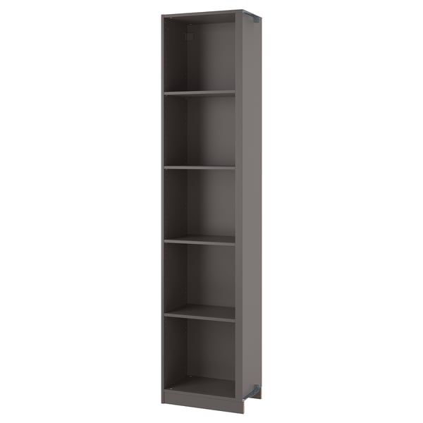 Depicts a tall, narrow gray PAX wardrobe unit with four open shelves, used for corner spaces.