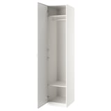 An open white ikea PAX wardrobe with shelves and a hanging rod.