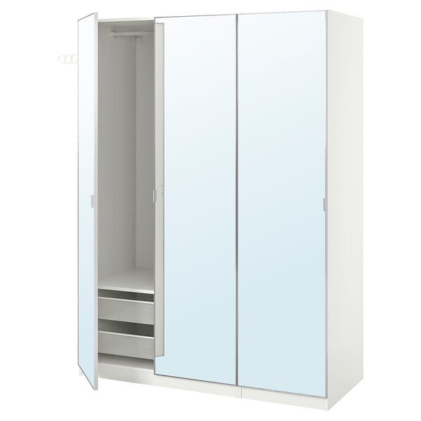 A white ikea PAX wardrobe with mirrored doors and an open section revealing mesh shelves.