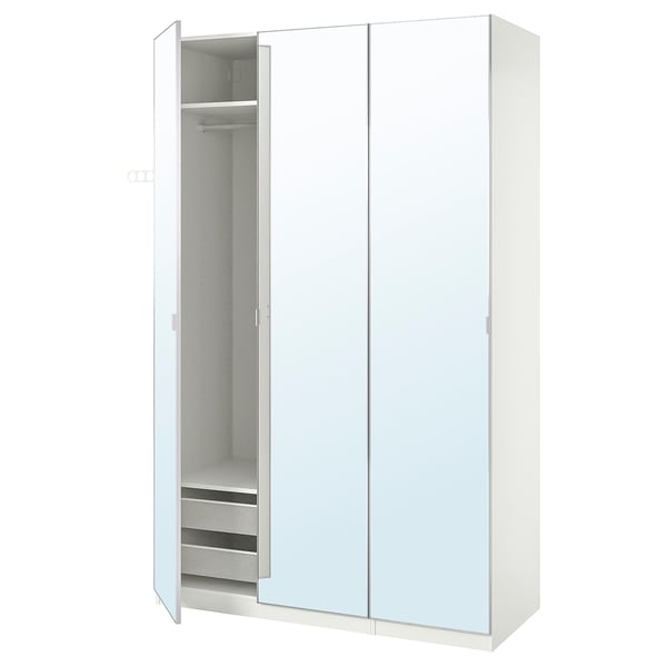 A white PAX wardrobe with mirrored doors and a mesh drawer.