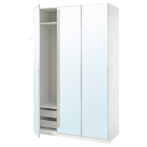 A white PAX wardrobe with mirrored doors and a mesh drawer.
