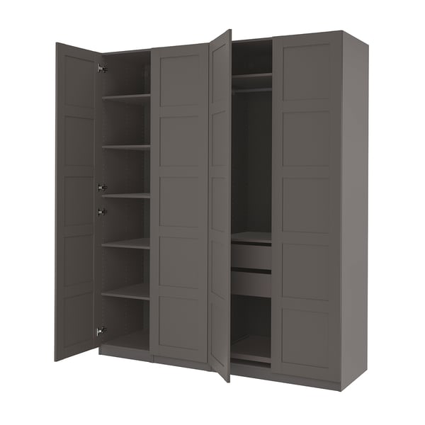 A grey PAX wardrobe with open doors, revealing multiple shelves inside.
