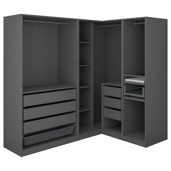 Dark gray corner wardrobe, PAX, sleek design, spacious compartments, modern furniture.