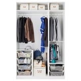Organized closet with clothes hangers, shelves, storage bins, and accessories.
