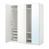 PAX wardrobe, white, minimalist, mirrored doors, storage shelves, 10-year guarantee.