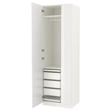 White PAX wardrobe with mirror doors, drawers, and hanging space.
