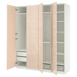 PAX wardrobe: light pink, wooden, tall, four-door, shelves inside.