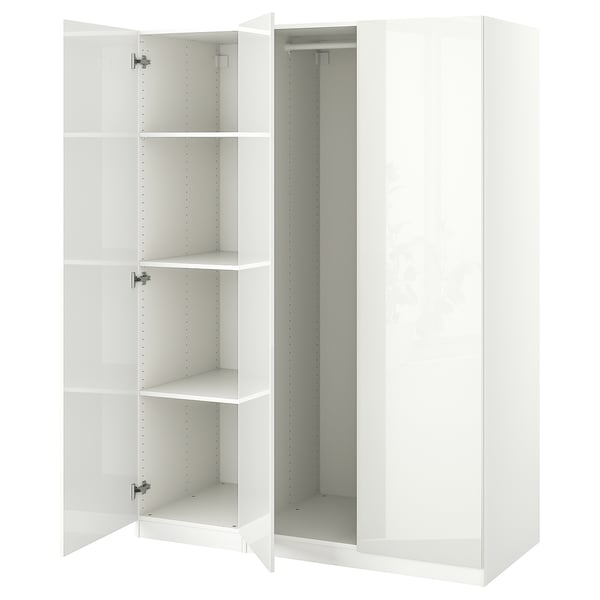 A white PAX wardrobe with mirrored sliding doors. It adjustable shelves inside and soft-closing hinges.