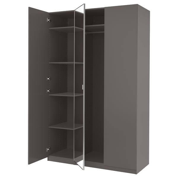 Modern PAX wardrobe, grey, tall, mirrored doors, silver handles, with adjustable shelves inside.