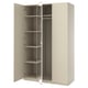 An open beige PAX wardrobe with adjustable shelves and a hanging rail.