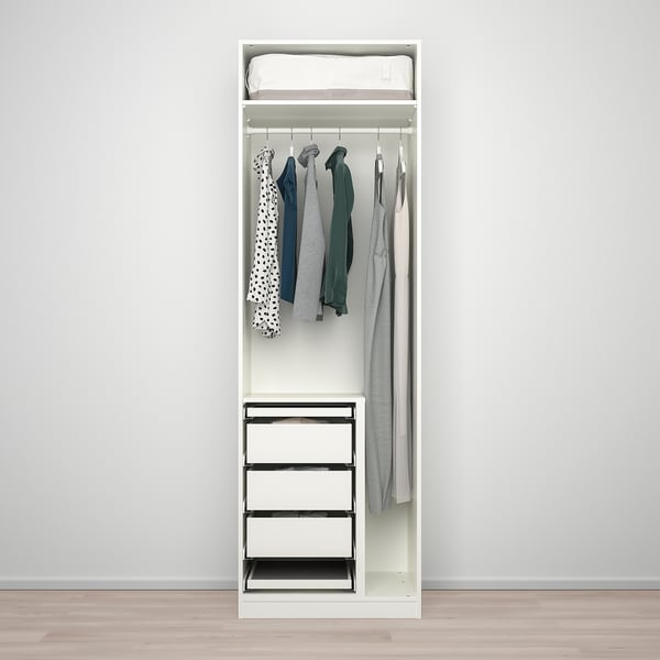 Small wardrobe with a side divider for hanging clothes. Includes three drawers and trays. Has adjustable feet and requires wall mounting.