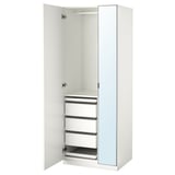 A white ikea PAX wardrobe with mirrored doors, open to reveal shelves and drawers.
