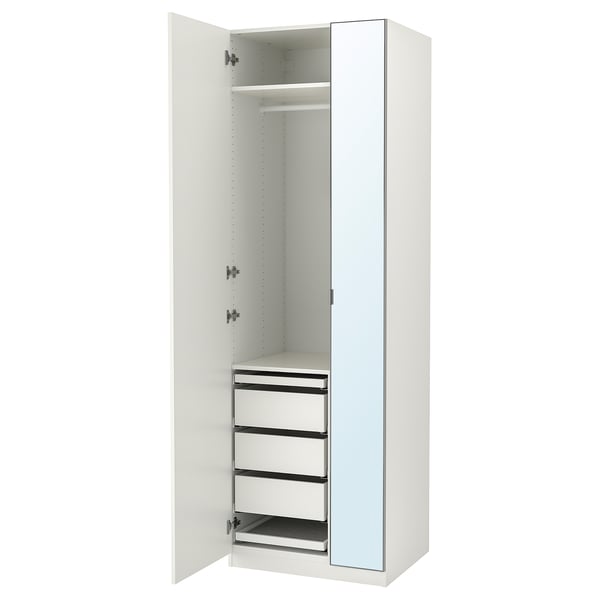 A white PAX wardrobe with mirrored doors, featuring drawers and shelves inside. It has a modern, sleek design.