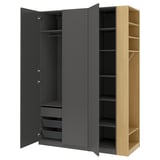Modern wardrobe with grey doors and light wood shelves, open showing drawers and hanging space.