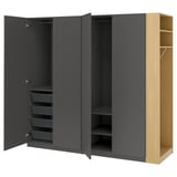 Open dark gray PAX wardrobe with shelves and drawers
