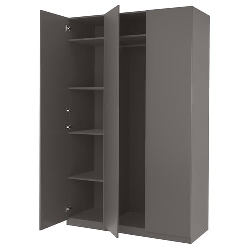 A grey IKEA PAX wardrobe with open doors, displaying shelves inside.
