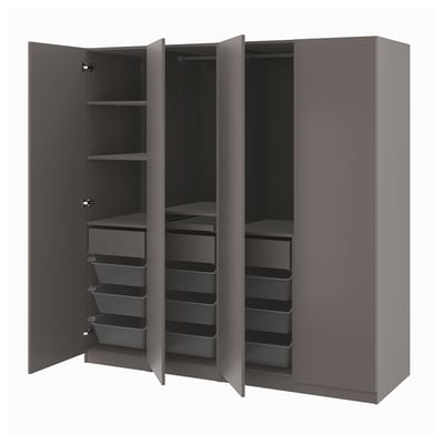 Gray PAX wardrobe: three open sections, mesh baskets, modern design.