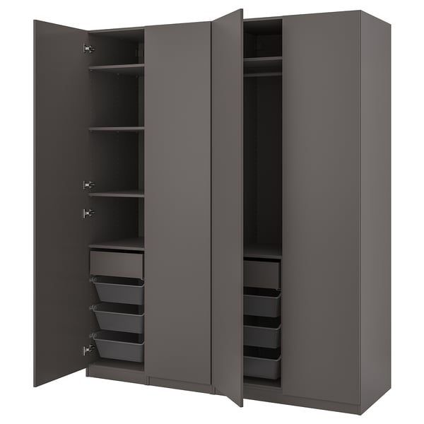 An open dark grey PAX wardrobe with mesh drawers and shelves inside.