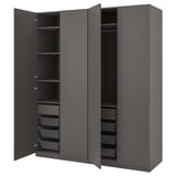 An open dark grey PAX wardrobe with mesh drawers and shelves inside.