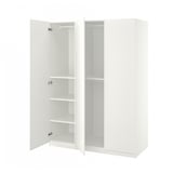 White PAX wardrobe; simple, modern design with adjustable feet, soft-close hinges, and internal shelves.