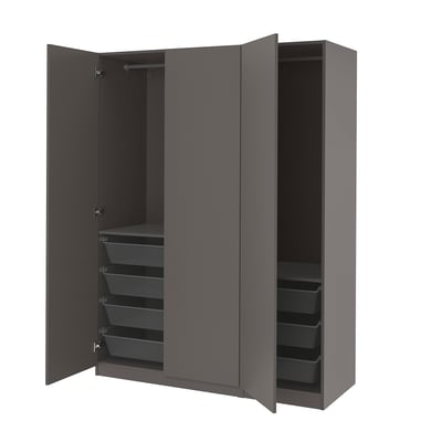 A grey ikea PAX wardrobe with mesh baskets and adjustable hinges.