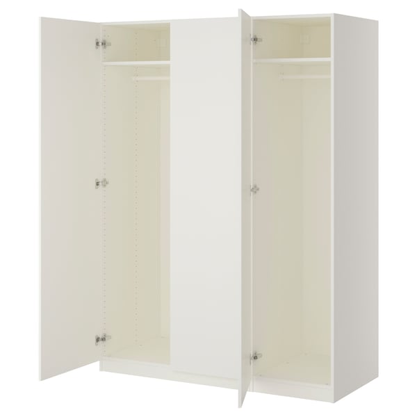 A white ikea PAX wardrobe with two open doors revealing empty space inside.