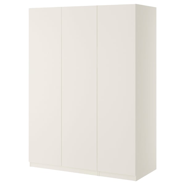 A white PAX wardrobe with a sleek, minimalist design. It has six panels and adjustable feet.
