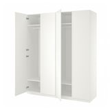 White ikea PAX wardrobe: 2-door open, showing empty shelves. Modern minimalist design.