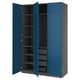 A blue PAX wardrobe with open doors, revealing adjustable shelves inside. The modern design a textured finish and metal hinges.