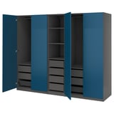 Blue PAX wardrobe, four doors, two shelves, two drawers, foldable design.